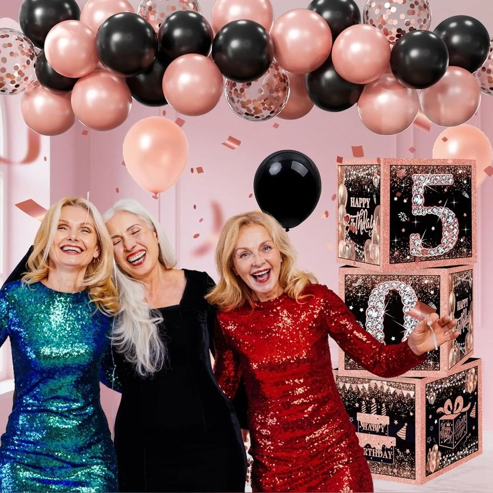 50th Birthday Decorations Rose Gold Black Balloon Arch Backdrop Boxes Set‎ NEW